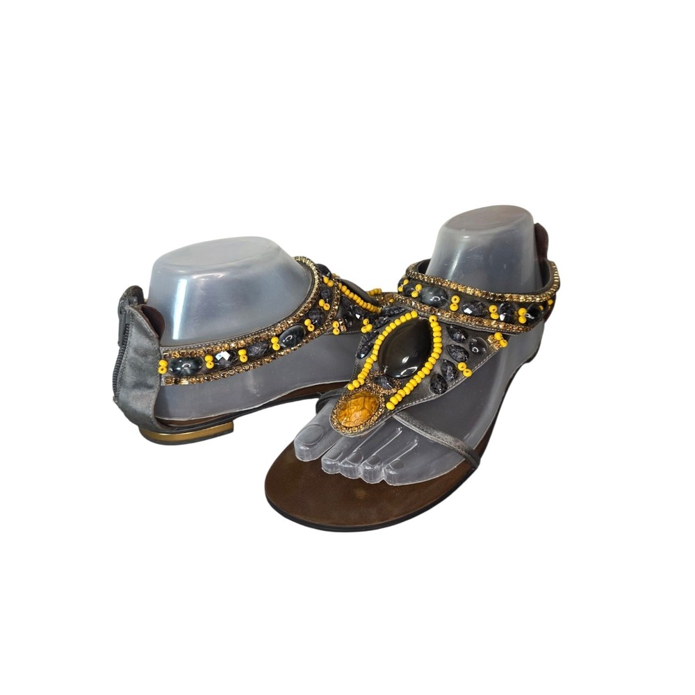 Luxury Rebel Beaded Thong Sandals Brown Leather Back Zip EU 38 Boho